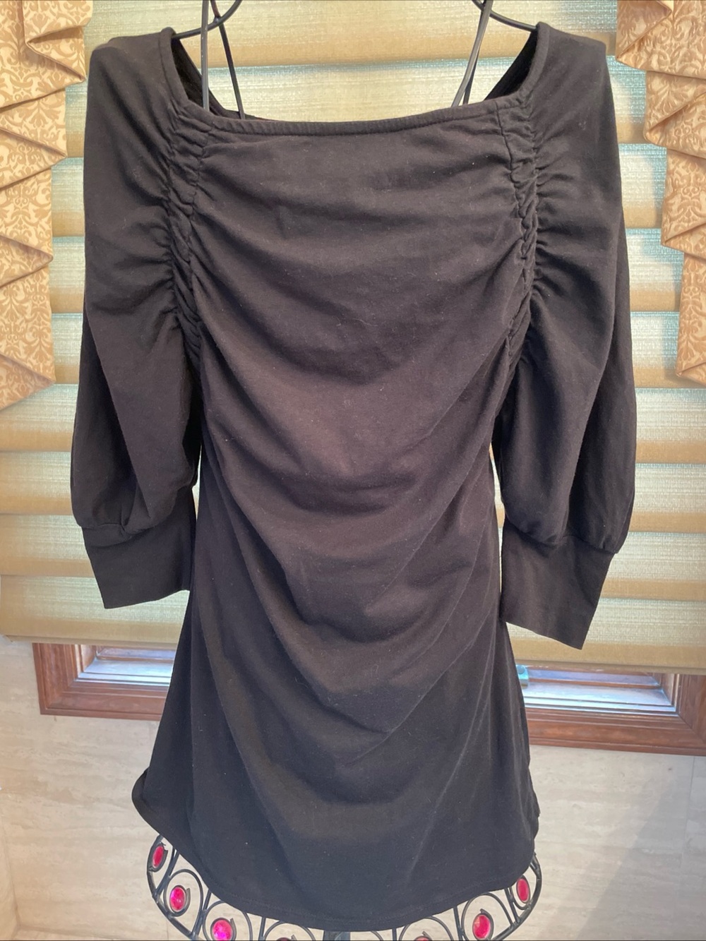 Fusion Denim Black Ruched Fitted 3 Quarter Sleeve Stretch Top Size Medium